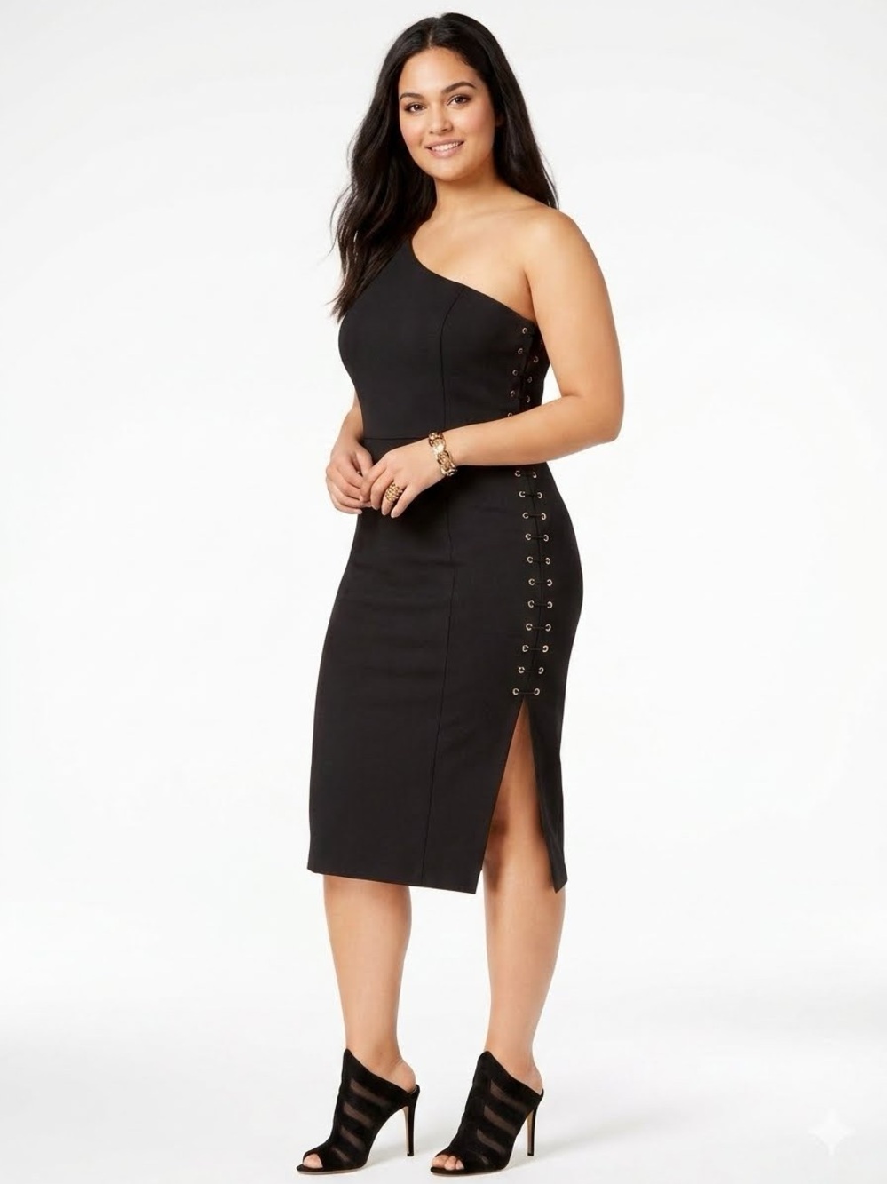 Mare Mare x Anthropologie Caliz Black One Shoulder Lace-Up Midi Dress